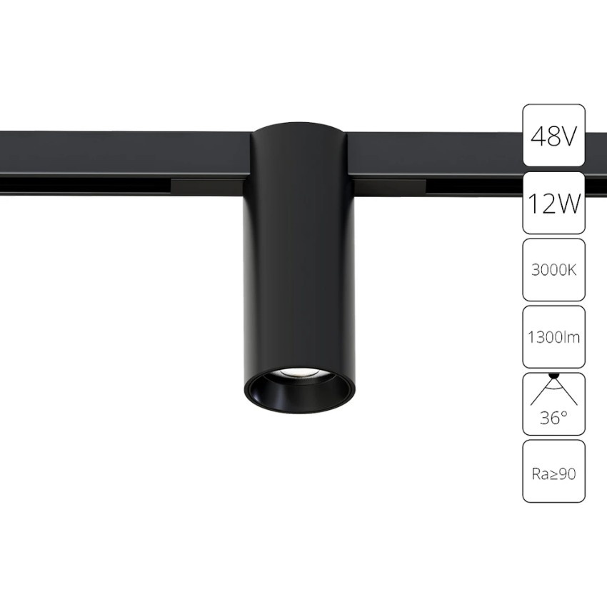 Arte Lamp OPTIMA A7290PL-1BK Черный магнитный трековый светодиодный светильник, вертикальный неповоротный цилиндр, COB LED 12Вт 3000К 1300Лм 36° CRI90 IP20 48В светодиоды BRIDGELUX