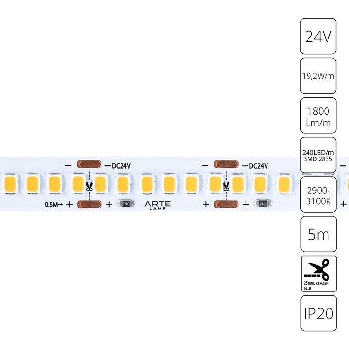 A2424010-01-3K Светодиодная лента 24В 19,2Вт/м 1800Лм/м 3000К CRI 90+ 10мм SMD2835 240шт/м 5м IP20