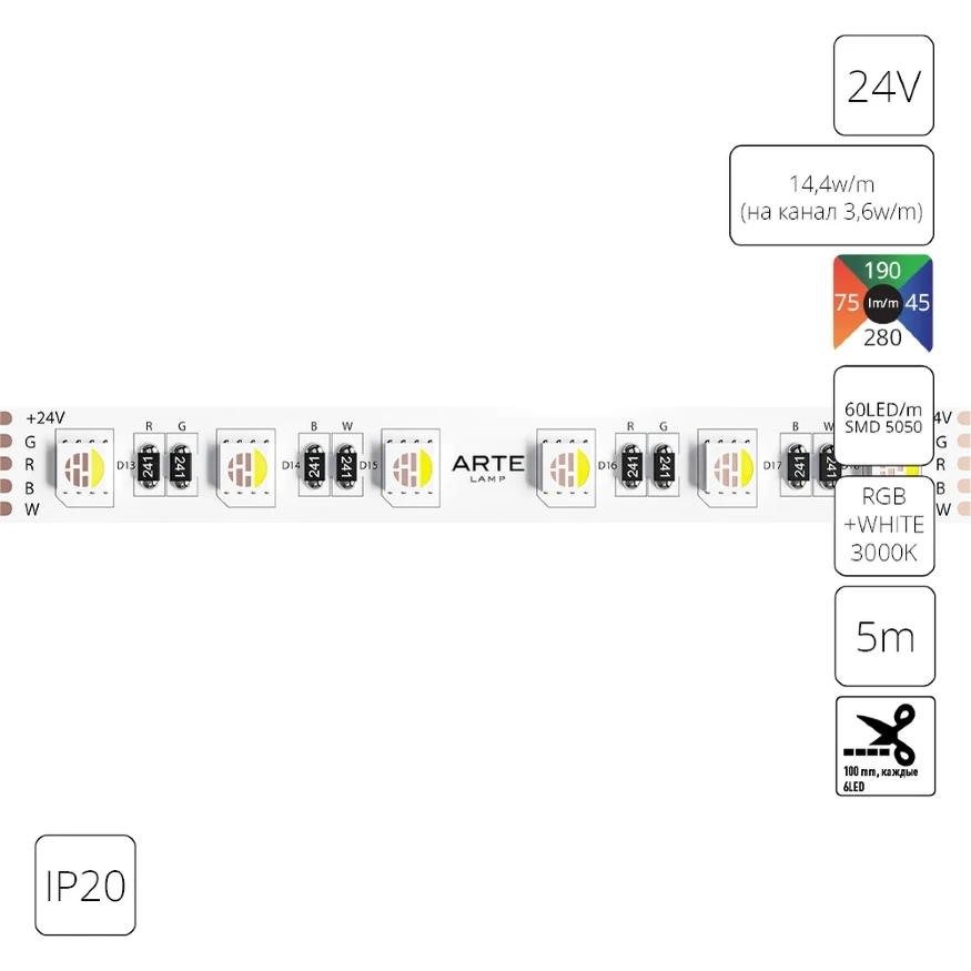 A2406012-02-RGB3K Светодиодная лента 24В 14,4Вт/м (на канал 3,6Вт/м) RGB+3000К 90+ 10мм SMD5050 60шт/м 5м IP20