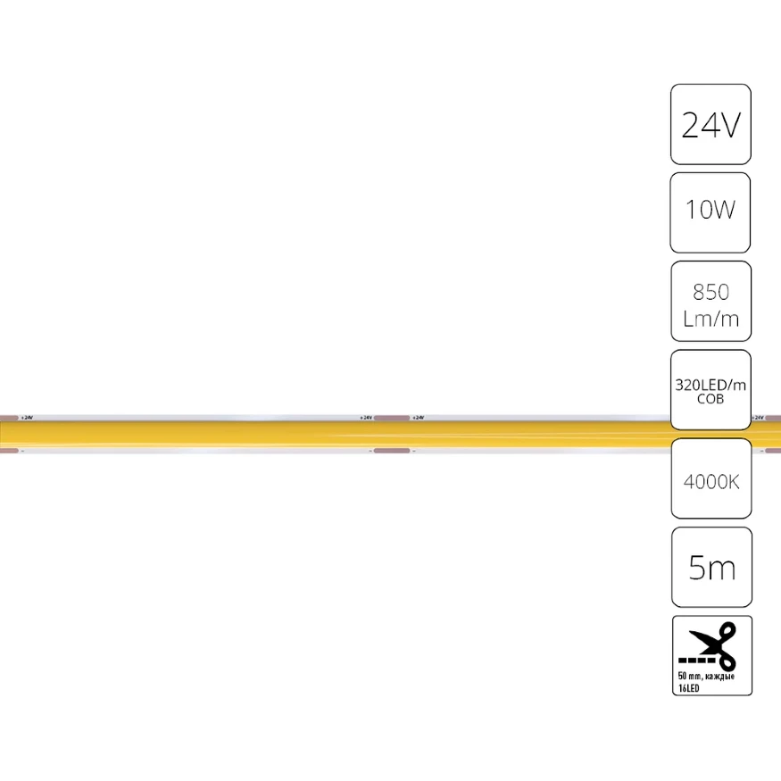 A2432005-02-4K Светодиодная лента 24В 10Вт/м 850Лм/м 4000К 90+ 5мм COB 320шт/м 5м IP20