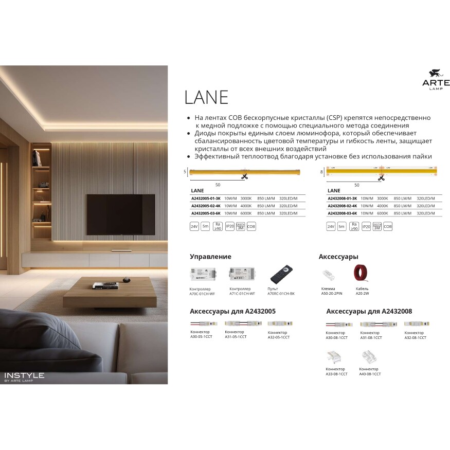 Arte Lamp A2432005-03-6K Светодиодная лента сплошная узкая, длина 5м, ширина 5 мм, COB 10Вт/м 850Лм/м 6000К 120° CRI90+ IP20 24В, кратность резки 50мм, -20°...+45°C