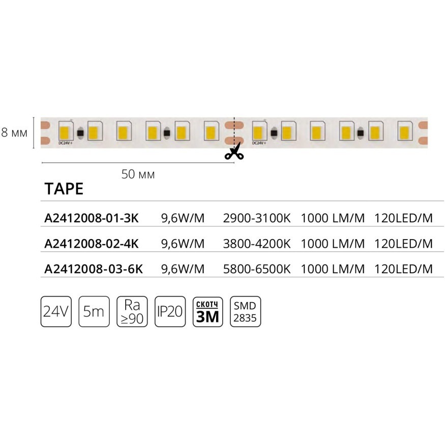 A2412008-03-6K Светодиодная лента 24В 9,6Вт/м 1000Лм/м 6000К CRI 90+ 8мм SMD2835 120шт/м 5м IP20
