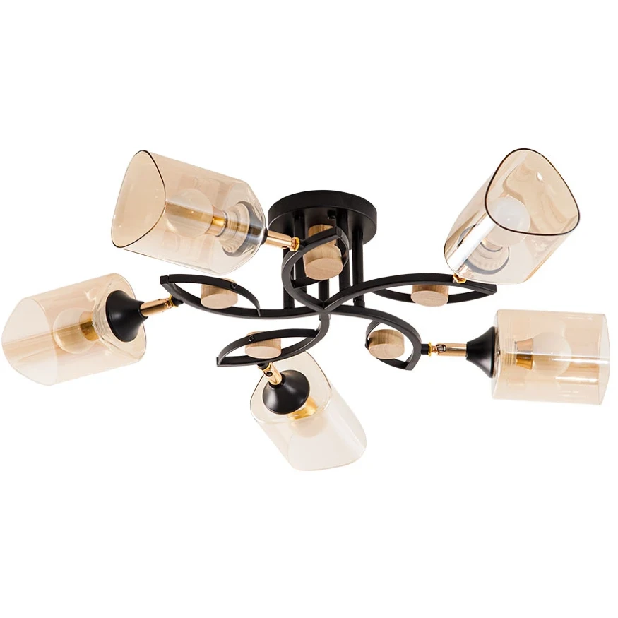 Arte Lamp Glamore A5076PL-5BK Потолочная современная люстра диаметром 62 см, черный металл, плафоны 5шт, янтарное стекло, лампы E27 5шт до 60Вт IP20 220В, возм. раздельного включения рожков и смены направления плафонов
