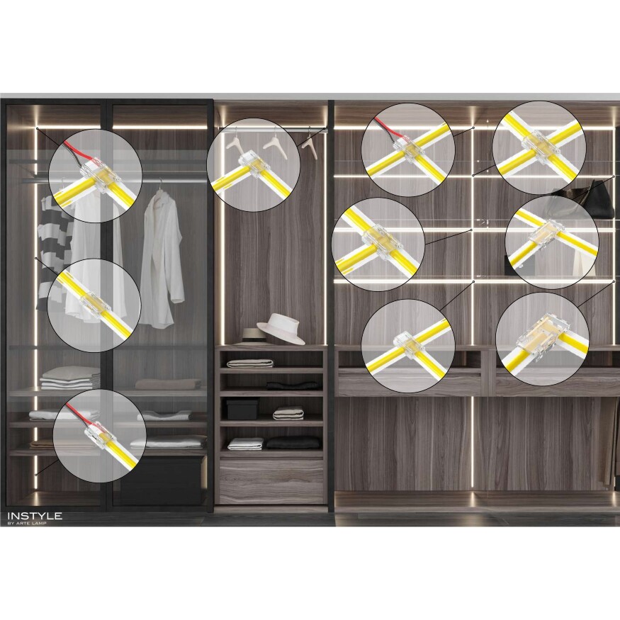 Arte Lamp A33-08-1CCT Специальный прозрачный коннектор для любой одноцветной COB ленты шириной 8мм, позволяет сделать Т и Г соединение вне зависимости от места резки ленты