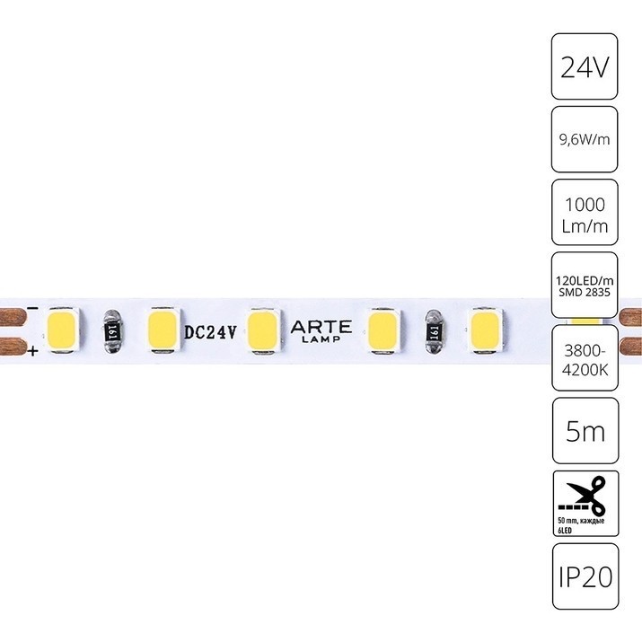 A2412005-02-4K Светодиодная лента 24В 9,6Вт/м 1000Лм/м 4000К CRI 90+ 5мм SMD2835 120шт/м 5м IP20