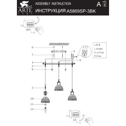 Arte Lamp Lancaster A5869SP-3BK Тройной подвесной современный светильник с дымчатым плафоном из стекла диаметром 15 см, основание из натурального светлого дерева, высота провода 100 см, лампы E27 3шт до 60Вт IP20 220В