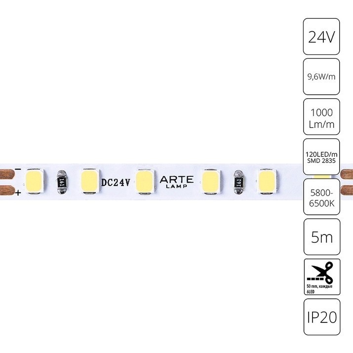 A2412005-03-6K Светодиодная лента 24В 9,6Вт/м 1000Лм/м 6000К CRI 90+ 5мм SMD2835 120шт/м 5м IP20