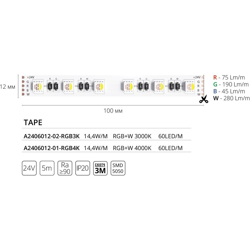 A2406012-01-RGB4K Светодиодная лента 24В 14,4Вт/м RGB+4000К CRI 90+ 10мм SMD5050 60шт/м 5м IP20