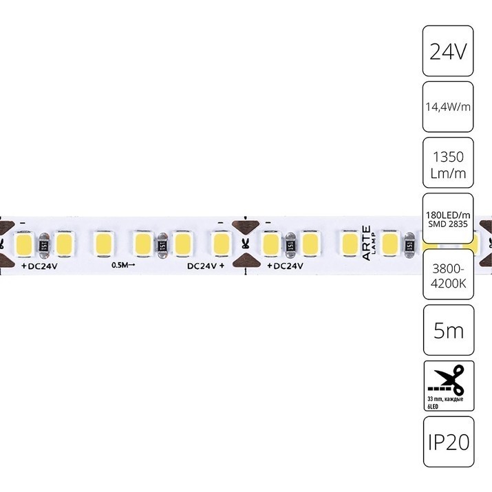 A2418008-02-4K Светодиодная лента 24В 14,4Вт/м 1350Лм/м 4000К CRI 90+ 8мм SMD2835 180шт/м 5м IP20