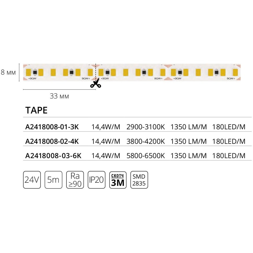 A2418008-02-4K Светодиодная лента 24В 14,4Вт/м 1350Лм/м 4000К CRI 90+ 8мм SMD2835 180шт/м 5м IP20