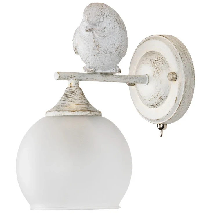 Arte Lamp Gemelli A2150AP-1WG Настенный светильник бра с птичкой, плафон шар 13 см, белое стекло, основание золото/белый металл, лампа E27 1шт до 60Вт IP20 220В, без выключателя на корпусе