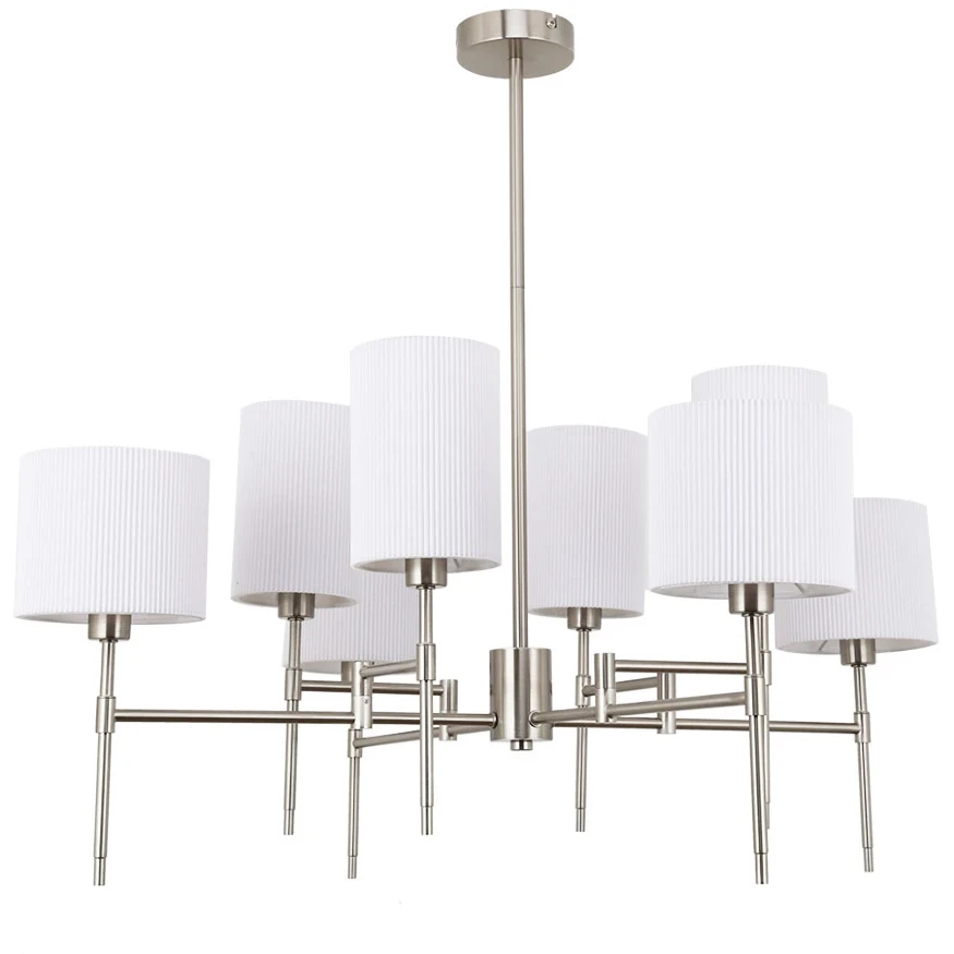 Arte Lamp DEBORA A4108LM-8SS Потолочная люстра на штанге, 8 плафонов, основание никелевый металл, плафоны текстильные белые, лампы E14 8шт до 40Вт IP20 подключение 220В, макс. высота 71см, возможно укоротить на 20см