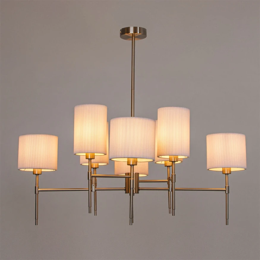 Arte Lamp DEBORA A4108LM-8SS Потолочная люстра на штанге, 8 плафонов, основание никелевый металл, плафоны текстильные белые, лампы E14 8шт до 40Вт IP20 подключение 220В, макс. высота 71см, возможно укоротить на 20см