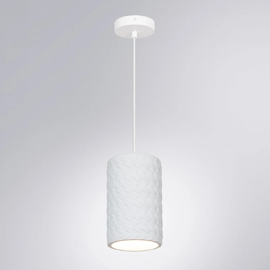 Arte Lamp Corsetto A7096SP-1WH Подвесной современный светильник, плафон из белого гипса с имитацией плетения диаметром 14 см, основание белый металл, провод 100 см, лампа E27 1шт до 40Вт IP20 220В
