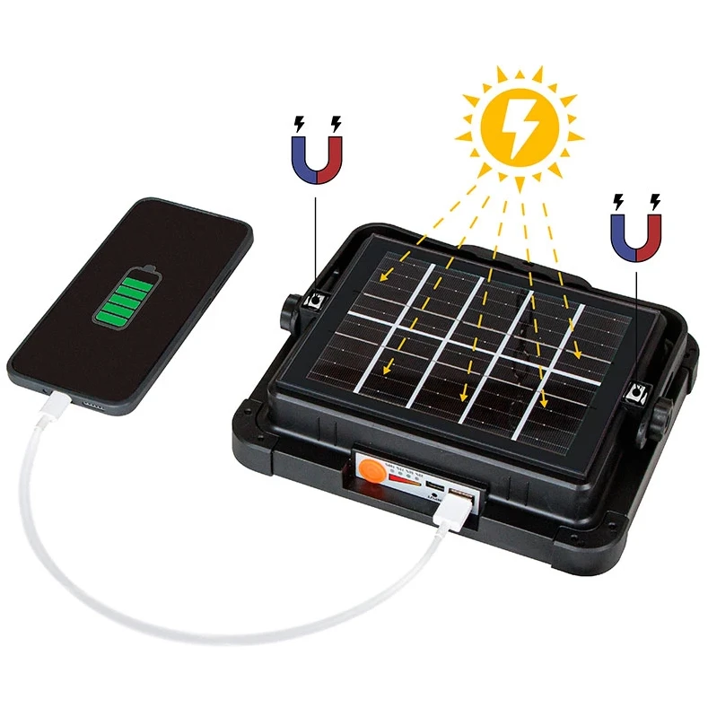 Arte Lamp AVIOR A8100AL-1BK Походный переносной аккумуляторный (4800 мА/ч) уличный прожектор, зарядка от солнца или USB TYPE-C, функция пауер-банка, магнитное, подвесное или накладное крепление, время работы 4-8 часов, LED 10Вт CRI70 550лм 3000/4500/8500K