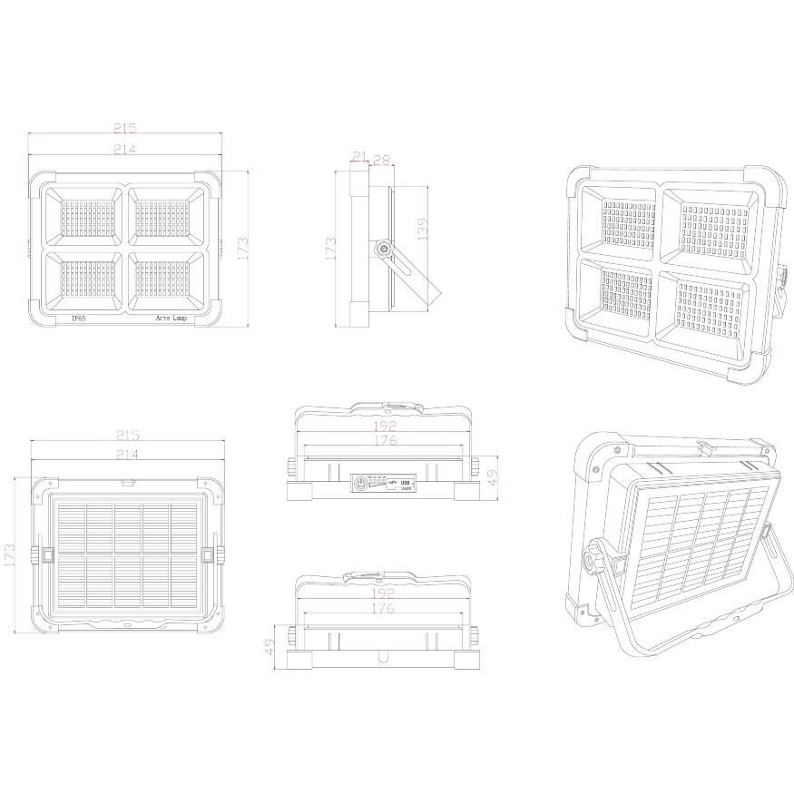 Arte Lamp AVIOR A8100AL-1BK Походный переносной аккумуляторный (4800 мА/ч) уличный прожектор, зарядка от солнца или USB TYPE-C, функция пауер-банка, магнитное, подвесное или накладное крепление, время работы 4-8 часов, LED 10Вт CRI70 550лм 3000/4500/8500K