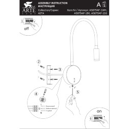 Arte Lamp Asta A5879AP-1SG Настенный современный, черно-золотой, минималистичный светодиодный светильник-бра с гибкой резиновой ножкой и выключателем на основании, LED 5Вт 3000K 300Лм CRI90 24° IP20 220В