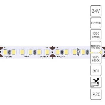 A2418008-03-6K Светодиодная лента 24В 14,4Вт/м 1350Лм/м 6000К CRI 90+ 8мм SMD2835 180шт/м 5м IP20