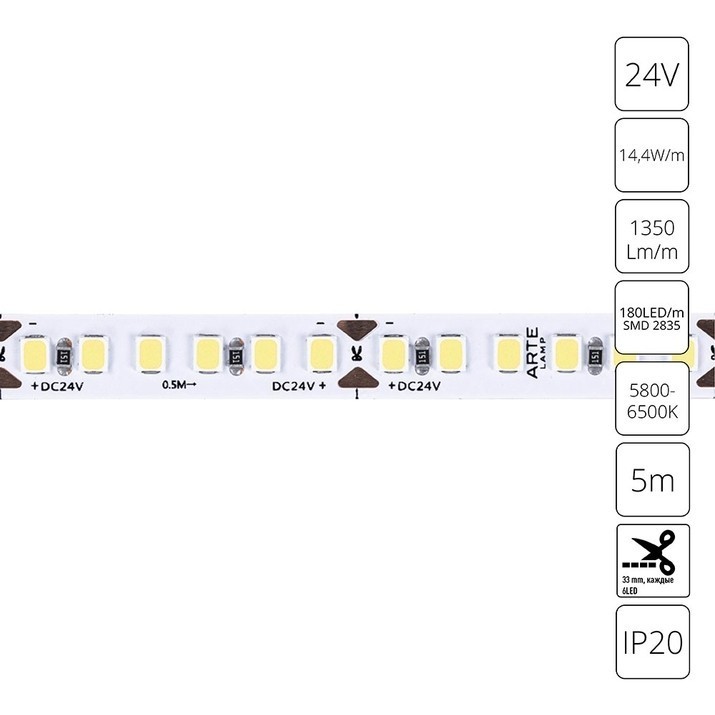 A2418008-03-6K Светодиодная лента 24В 14,4Вт/м 1350Лм/м 6000К CRI 90+ 8мм SMD2835 180шт/м 5м IP20