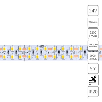 A2424015-01-3K Светодиодная лента 24В 20Вт/м 2200Лм/м 3000К CRI 90+ 15мм SMD2835 240шт/м 5м IP20