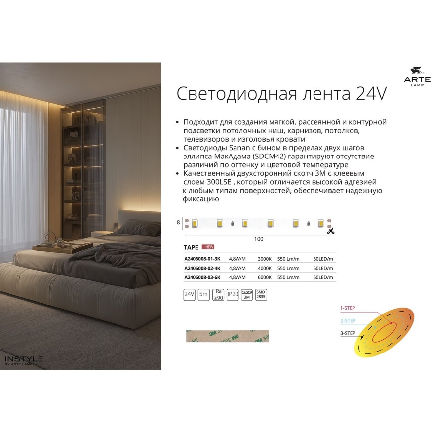 Светодиодная лента 24В 4,8Вт/м 550Лм/м 3000К CRI 90+ 8мм SMD2835 IP20 5м Arte Lamp  Arte Lamp TAPE A2406008-01-3K