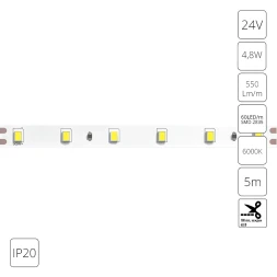 Светодиодная лента 24В 4,8Вт/м 550Лм/м 6000К CRI 90+ 8мм SMD2835 IP20 5м Arte Lamp TAPE A2406008-03-6K