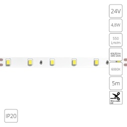 Светодиодная лента 24В 4,8Вт/м 550Лм/м 6000К CRI 90+ 8мм SMD2835 IP20 5м Arte Lamp TAPE A2406008-03-6K
